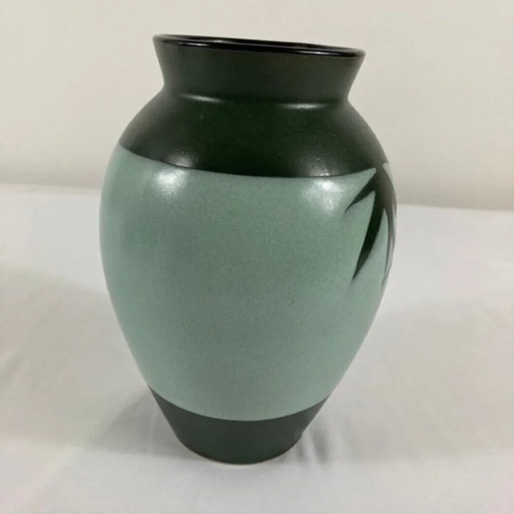 Vintage Japanese Ceramic Vase Bamboo Leaves Raised‎ Glaze
